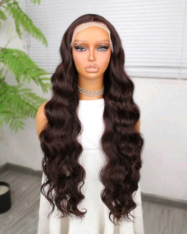 Brown Wavy Elegance - Human Blend Wig 30"
